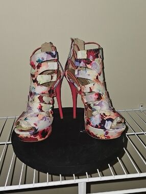 Qupid Floral Strappy High Heel Sandals - Pink Multicolor
